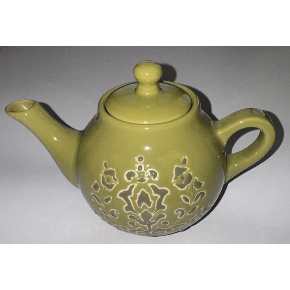 F.S.G. Ceramic Teapot w Lid & Infuser Classic Foliate Relief Avocado Green